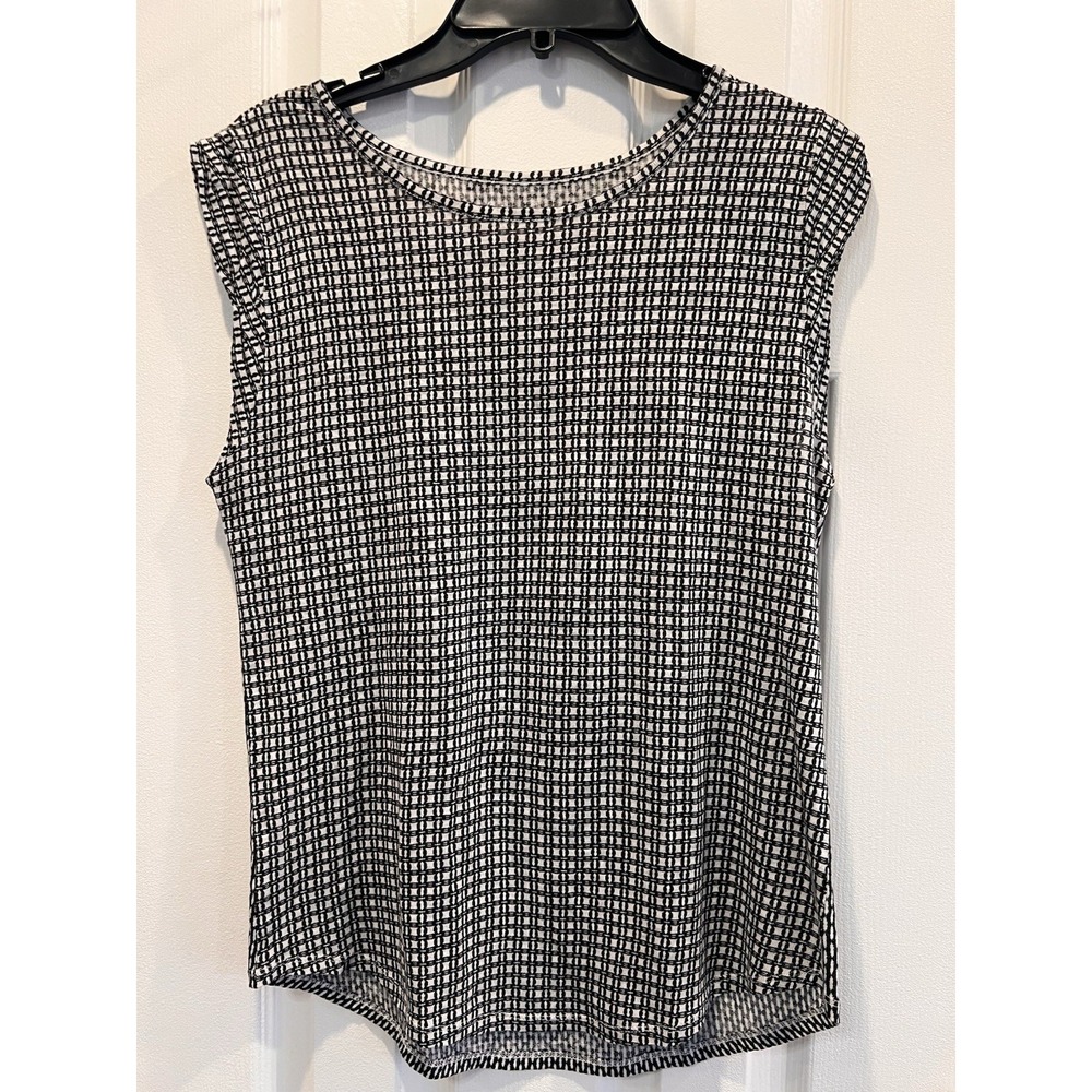 LOFT Womens Medium M Linen Knit T-Shirt Black White Checked Geometric Blouse